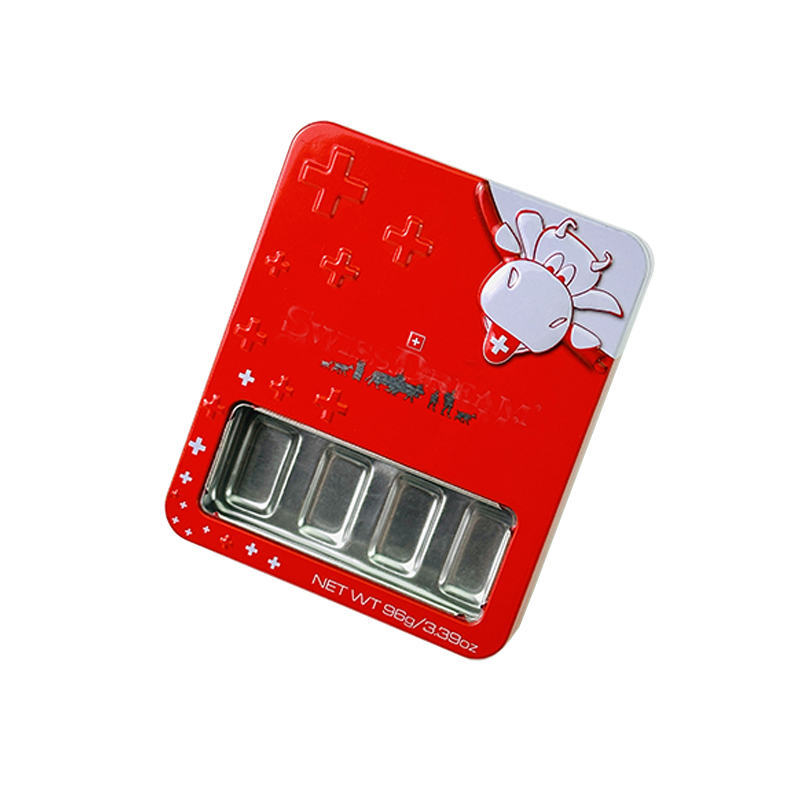 OEM food grade rectangle chocolate tin box with window cover food tin can gift metal box supplier