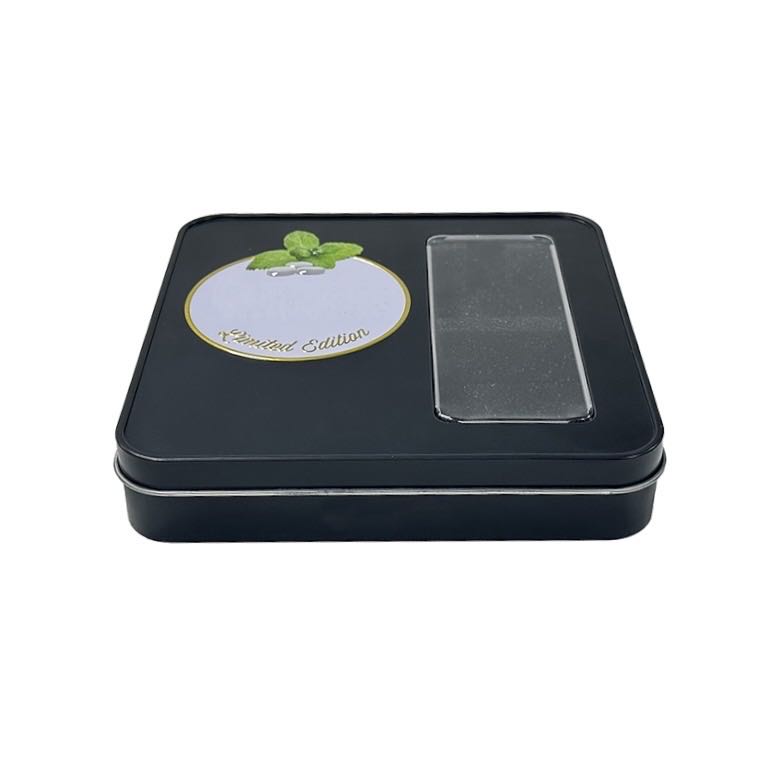 Hot sale customised embossed logo square mints chocolate candy metal tin box with clear window on lid